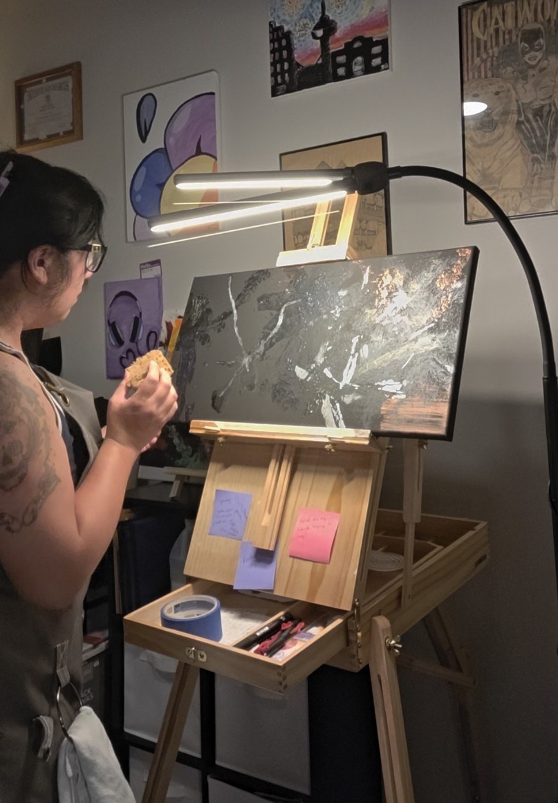 Artist at the easel in studio